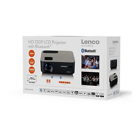Verpackungskarton eines Lenco HD-LCD-Projektors mit technischer Ausstattung und Anwendungsszenarien.