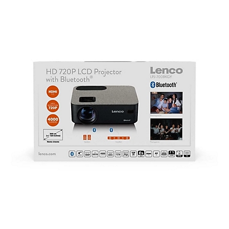 Produktverpackung eines Lenco HD 720P LCD Projektors mit Bluetooth und verschiedenen technischen Merkmalen.