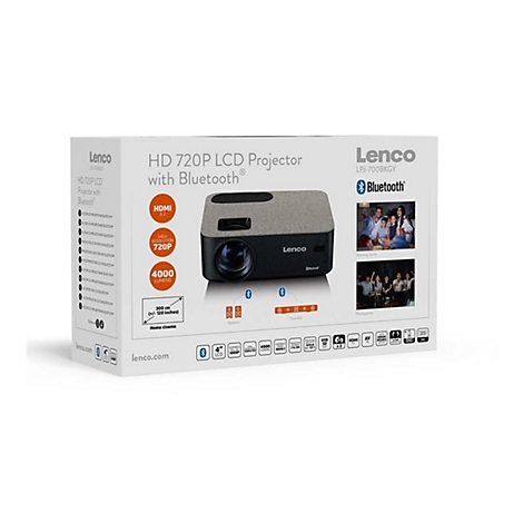 Produktverpackung eines Lenco HD 720P LCD-Projektors mit Bluetooth-Funktion auf weißem Hintergrund.