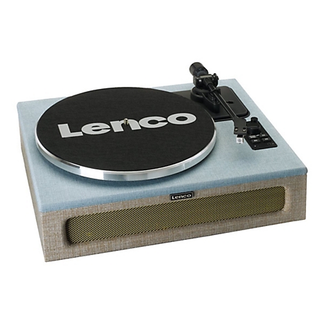 Plattenspieler Lenco, blau-grau, schwarzer Plattenteller mit weißem Logo, Lautsprecher-Gitter, Knöpfe.