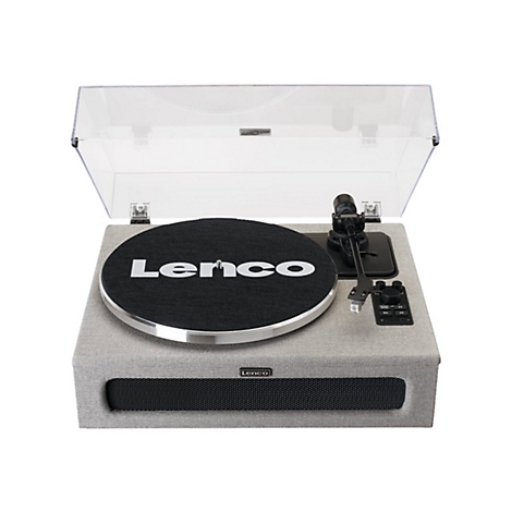 Plattenspieler von Lenco mit geöffneter, transparenter Haube. Der Plattenteller ist schwarz und trägt das Logo "Lenco".