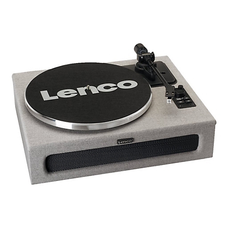 Grauer Plattenspieler mit schwarzem Teller und „Lenco“-Logo. Lautsprecher mit Stoffabdeckung. Tonarm und Bedienelemente.