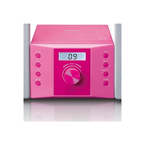 Vorderansicht einer pinken Lenco Stereoanlage mit CD-Player, Lautstärkeregler und digitalem Display vor weißem Hintergrund.