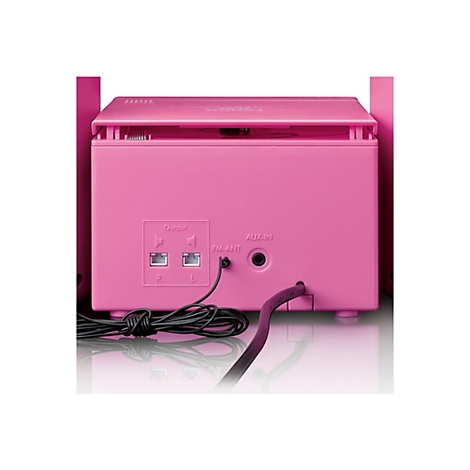 Rückansicht eines pinkfarbenen Lenco Musiksystems mit Lautsprecheranschlüssen, FM-Antennenkabel und AUX-Eingang.