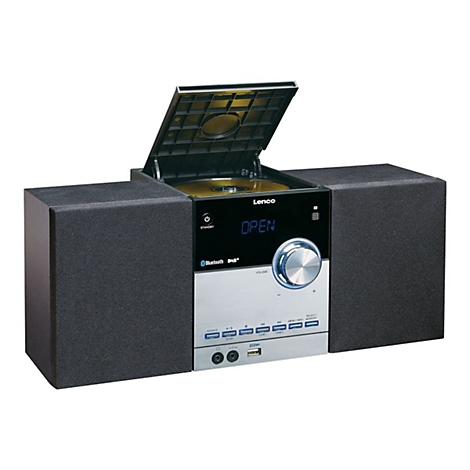 Kompaktanlage von Lenco mit CD-Player, offener Klappe und Lautsprechern links und rechts. Das Display zeigt OPEN.