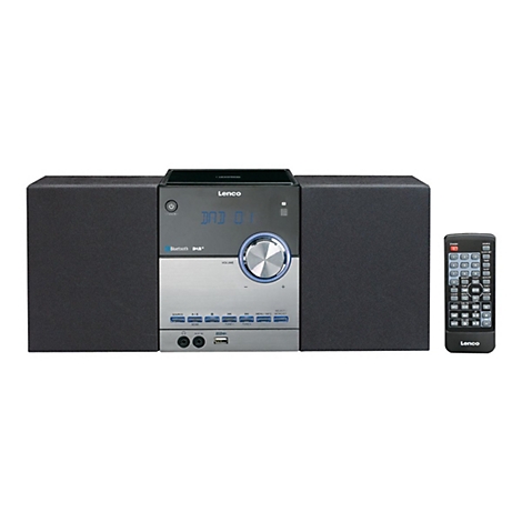 Lenco Micro-Anlage mit DAB+ Radio und Bluetooth vor weißem Hintergrund, inklusive Fernbedienung.