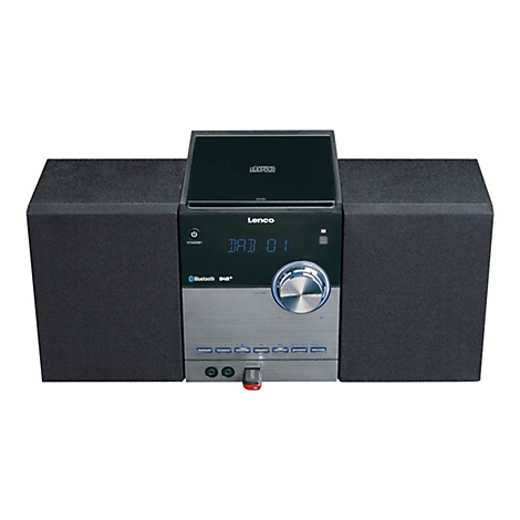 Schwarze Lenco Mikroanlage mit CD-Player, Lautsprechern, USB-Anschluss und digitalem Display vor weißem Hintergrund.