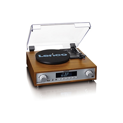 Lenco Plattenspieler mit Holzgehäuse, digitalem Display, Bluetooth und DAB+ Radio vor weißem Hintergrund.