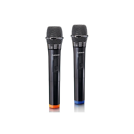 Zwei schwarze Lenco Mikrofone mit silbernem Gitter, eines mit orangefarbenem und eines mit blauem Boden.