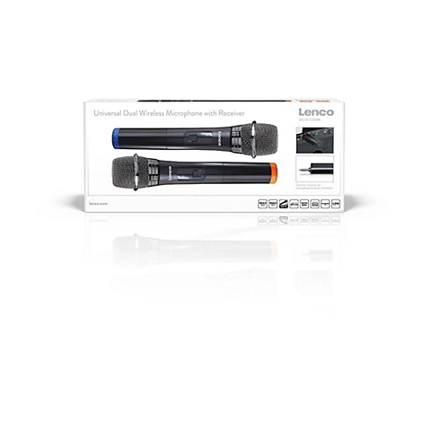 Verpackung des Lenco MCW-020BK Dual Wireless Mikrofonsystems mit zwei Mikrofonen und Empfänger.