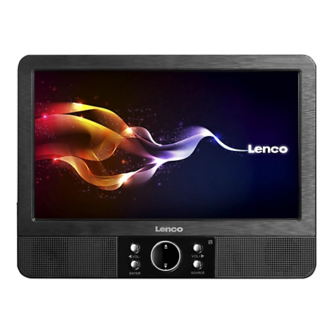 Schwarzer Lenco DVD-Player mit farbigem Bildschirmdesign, SteuerungsknÃ¶pfen und Logo.