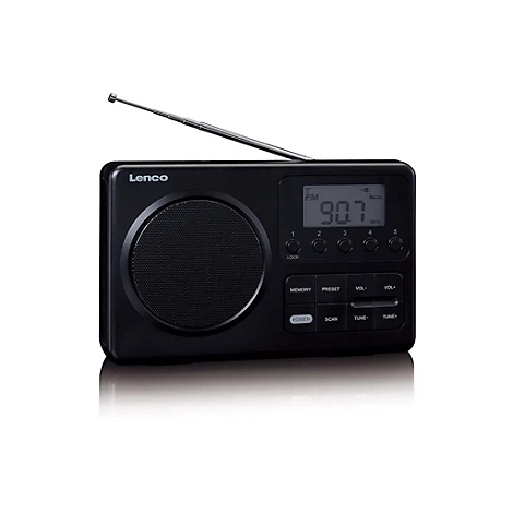 Schwarzes tragbares Lenco Digitalradio mit ausziehbarer Antenne, Lautsprecher und Tastenfeld vor weißem Hintergrund.