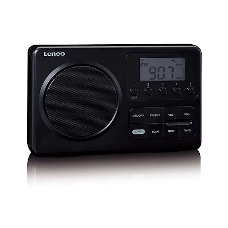 Schwarzes Lenco Digitalradio mit Lautsprecher, LC-Display und Bedientasten vor neutralem Hintergrund.