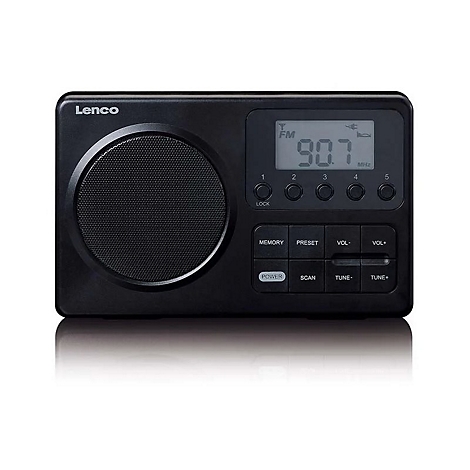 Schwarzes Lenco Digitalradio mit Lautsprecher, LC-Display und Tastenfeld vor weißem Hintergrund.