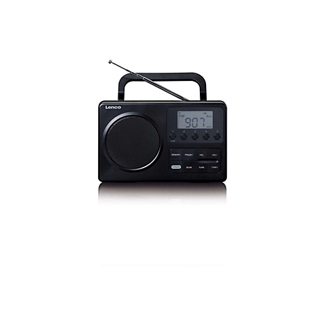 Schwarzes Lenco Digitalradio mit Tragegriff, ausziehbarer Antenne und LCD-Display vor weißem Hintergrund.