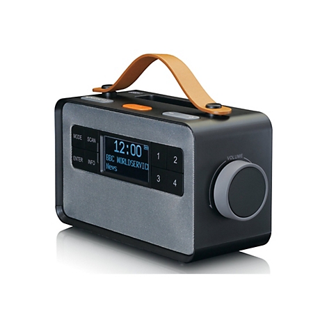 Modernes schwarzes Digitalradio mit silbernem Lautsprechergitter und einem braunen Tragegriff aus Leder.