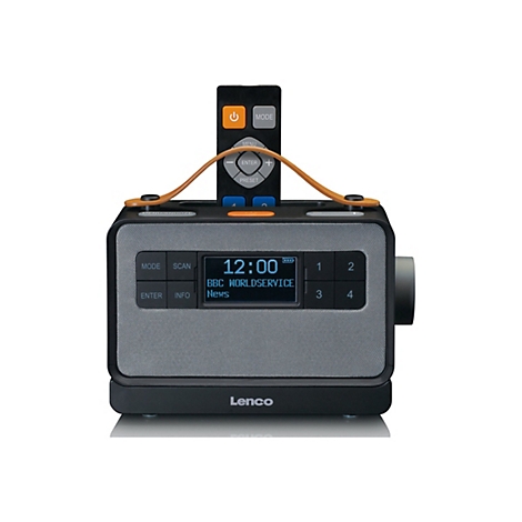 Schwarzes Digitalradio von Lenco mit Tragegriff aus Leder und aufgesetzter Fernbedienung vor weißem Hintergrund.