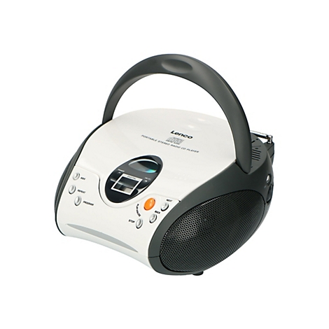 Weißer Lenco CD-Player mit schwarzem Tragegriff und Lautsprechern auf weißem Hintergrund.