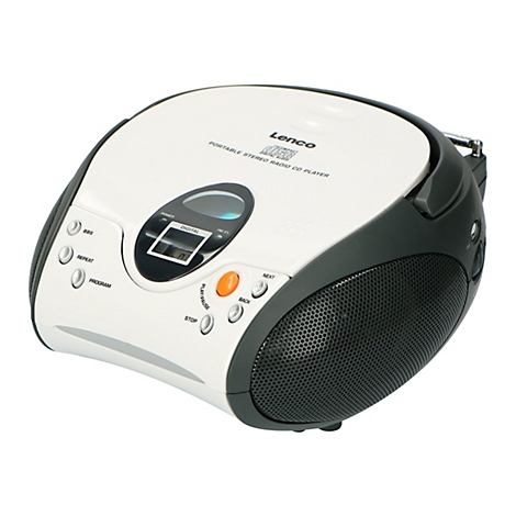 Weiß-schwarzer, tragbarer Lenco CD-Player mit Radio, Digitaldisplay und Lautsprechern auf weißem Hintergrund.