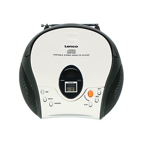 Ein weißer, runder Lenco CD-Player mit schwarzen Lautsprechern und digitalem Display vor weißem Hintergrund.