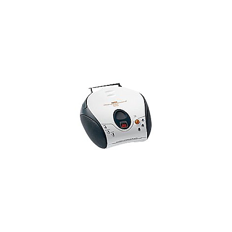 Kompakter weiß-schwarzer CD-Player mit digitalem Display und Tragegriff vor weißem Hintergrund.