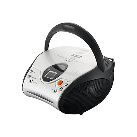 Tragbarer Lenco CD-MP3-Player in Weiß und Schwarz mit Tragegriff, Display und Bedientasten.