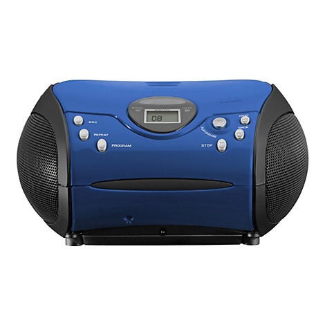 Blau-schwarzer CD-Radio-Player mit Digitaldisplay und Tasten auf weißem Hintergrund.