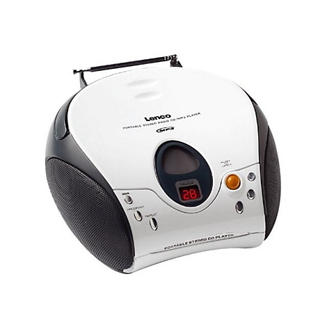 Tragbarer CD-Player von Lenco, weiÃŸ mit schwarzer Umrandung. Mit Digitalanzeige und KnÃ¶pfen.
