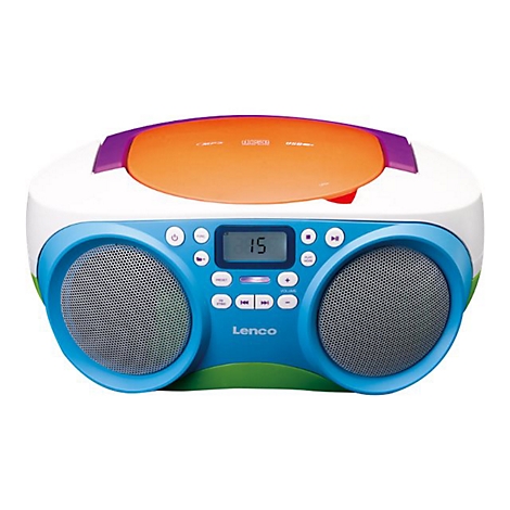 Blau-weiÃŸes Kinder-CD-Radio mit Lautsprechern, Display und bunten Akzenten. Marke: Lenco.
