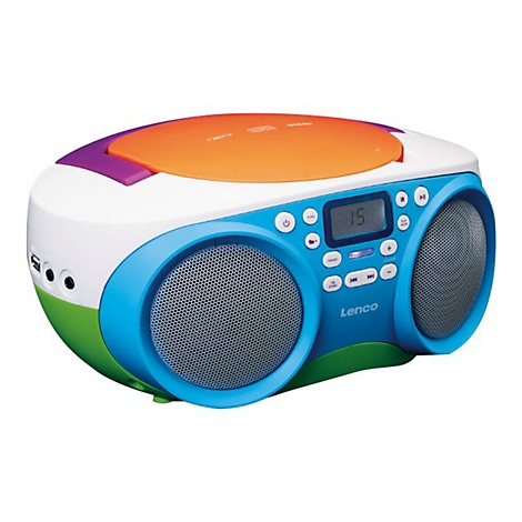Buntes Kinder-CD-Radio. Orangefarbener CD-Deckel, blaue Front mit zwei Lautsprechern und Lenco-Logo. Digitalanzeige.