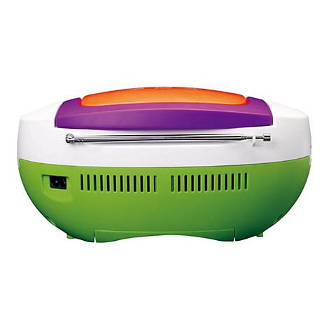 Farbiger Ghettoblaster, grÃ¼n, weiÃŸ, lila und orange. Antenne und LÃ¼ftungsschlitze auf der RÃ¼ckseite.