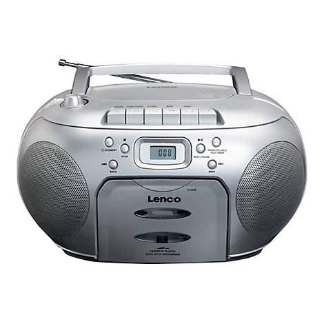 Silberfarbener Lenco-Ghettoblaster mit Radio und Kassettendeck. Tragegriff, Antenne, KnÃ¶pfe und Display.