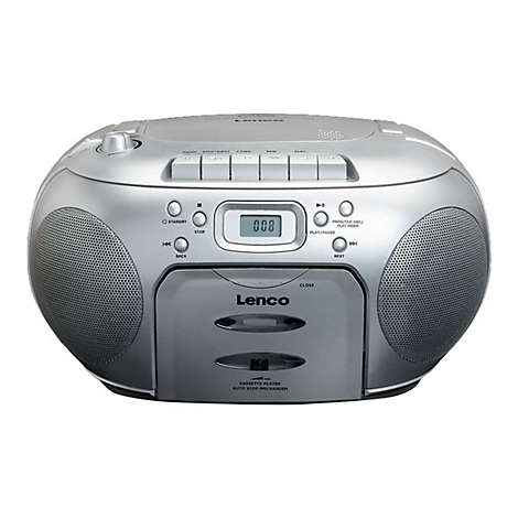 Silberner Ghettoblaster, vorne mit Tasten, Display und Kassettenspieler. Lautsprecheraussparungen an den Seiten.