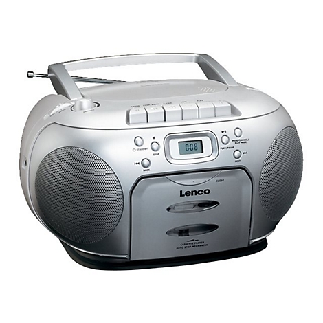 Silberner Ghettoblaster mit Radioteil, Kassettenlaufwerk und Tragegriff. Im Display ist die Ziffer 008 zu sehen.
