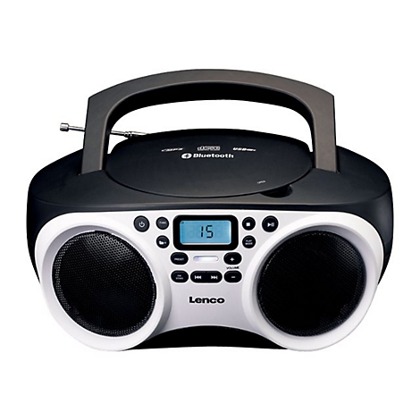 Schwarzer Lenco CD-Player mit weißer Front, zwei Lautsprechern, Tragegriff und blauem Digitaldisplay.