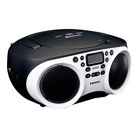 Schwarz-weißer Lenco CD-Player mit Bluetooth, USB-Anschluss und zwei Lautsprechern auf weißem Hintergrund.
