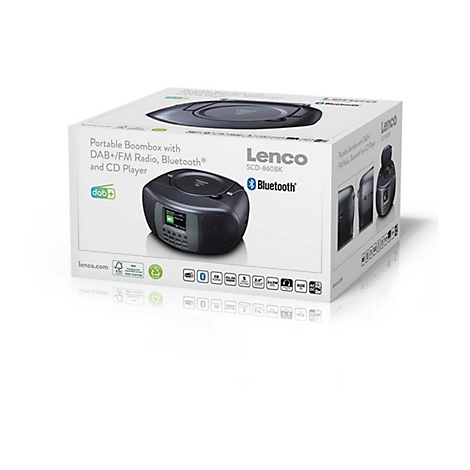 Verpackung der schwarzen Lenco SCD-860BK Boombox mit DAB+, FM-Radio, Bluetooth und CD-Player.