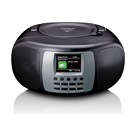 Schwarzes Lenco CD-Radio mit digitalem Display und Bedienknöpfen auf silberner Vorderseite.