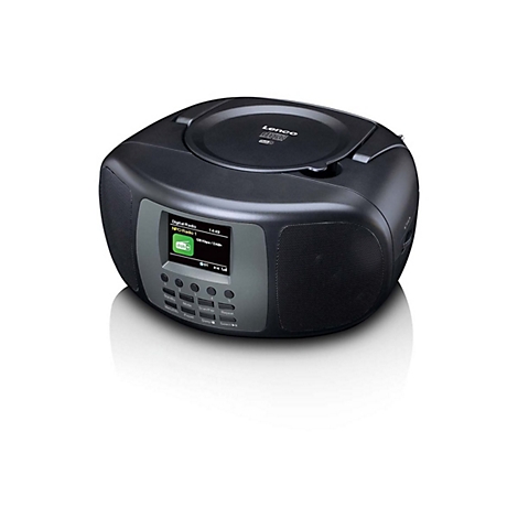Schwarzes Lenco CD-Radio mit DAB+ Display vor weißem Hintergrund.