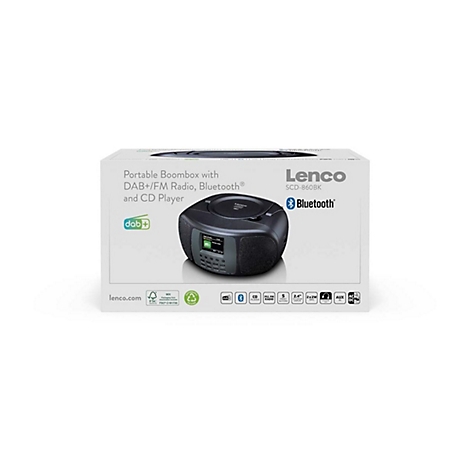 Lenco SCD-860BK tragbare Boombox in weißer Produktverpackung mit DAB+, Radio, Bluetooth und CD-Player.