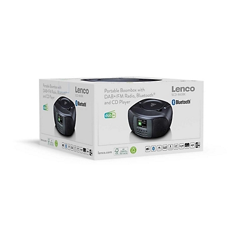 Die Verpackung des Lenco SCD-860BK Boombox Radios mit CD-Player, Bluetooth und DAB+ Anzeige auf weißem Hintergrund.