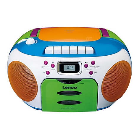 Bunter, runder Lenco Kassetten- und CD-Player mit orangefarbenen Lautsprechern auf weißem Hintergrund.