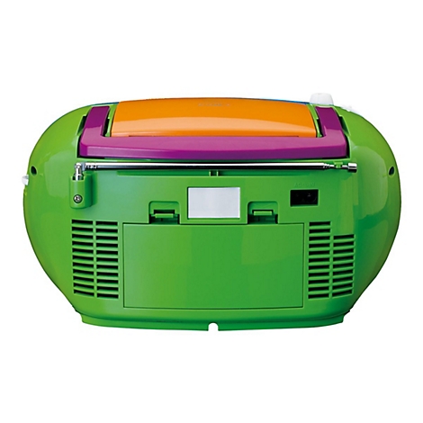 Rückseite eines knallbunten Radios mit grüner Hülle, violettem Griff, orangefarbenem Deckel und Metallantenne.