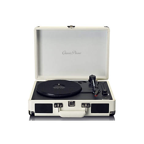 Koffer-Plattenspieler im Vintage-Design in Weiß mit schwarzer Steuereinheit und Classic Phono Logo im Deckel.