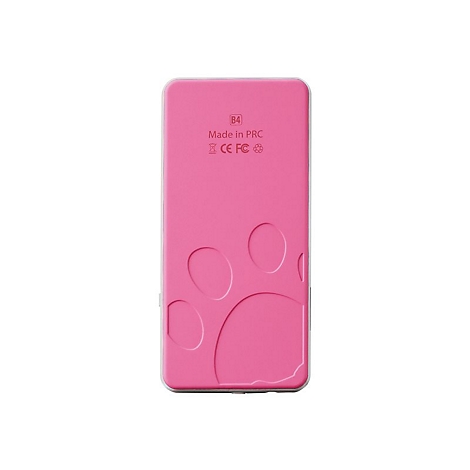 RÃ¼ckseite eines pinkfarbenen, rechteckigen GerÃ¤ts mit Pfotenabdruck-Dekor. Aufgedruckt sind SchriftzÃ¼ge wie B4, Made in PRC, CE FC.