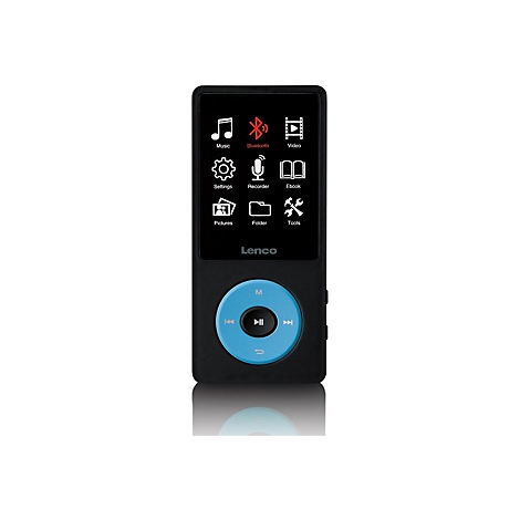 Schwarzer MP3-Player mit blauem Bedienrad und Touchscreen. Auf dem Bildschirm Icons wie Musik, Bluetooth, Video und Einstellungen.