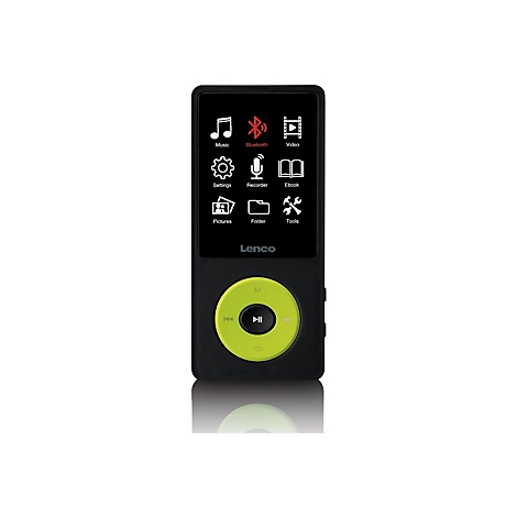 Schwarzer MP3-Player mit grÃ¼nem Bedienrad und Display mit Icons. Bluetooth-Logo sichtbar.