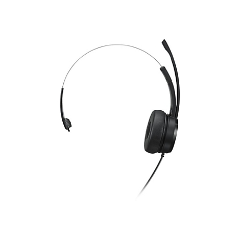 Schwarzes Headset, einseitig, mit Mikrofon, auf weißem Hintergrund.