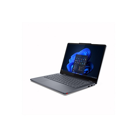 Grauer Laptop mit offenem Bildschirm, der das Windows-Logo zeigt. Auf dem Tisch befinden sich Tasten und Anschlüsse.