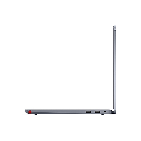 Draufsicht auf ein graues Notebook, Seite, weißer Hintergrund. Links roter Akzent. Zwei USB-Anschlüsse.